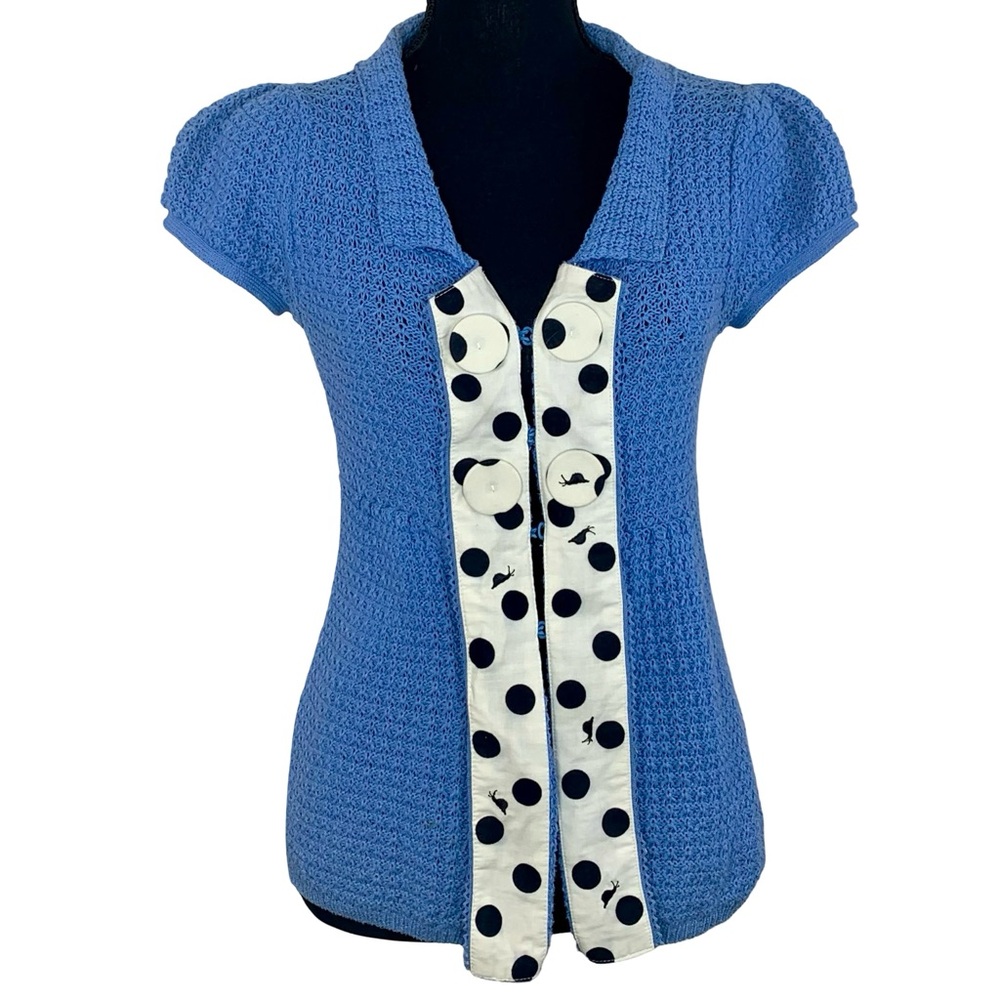 Blue Knit Top with Polka Dot Detail